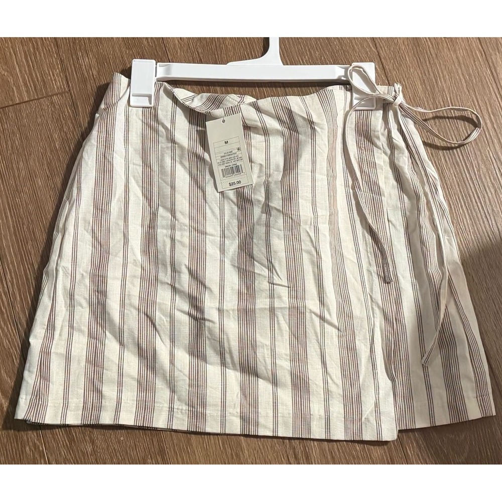 Universal Thread Striped Linen Blend Wrap Mini Skirt Cream Brown Size Medium